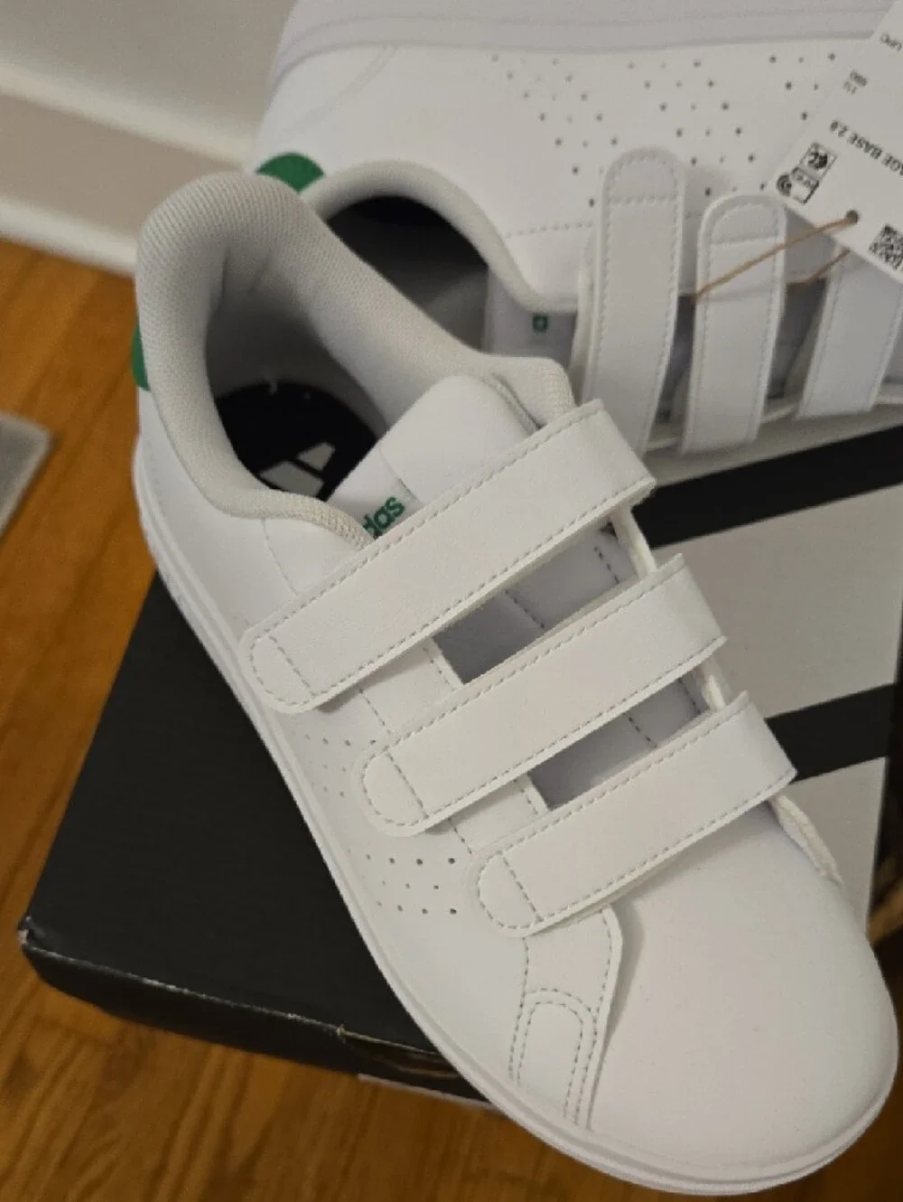 adidas Kids White Sneakers with Green Heel Tab and Velcro Straps